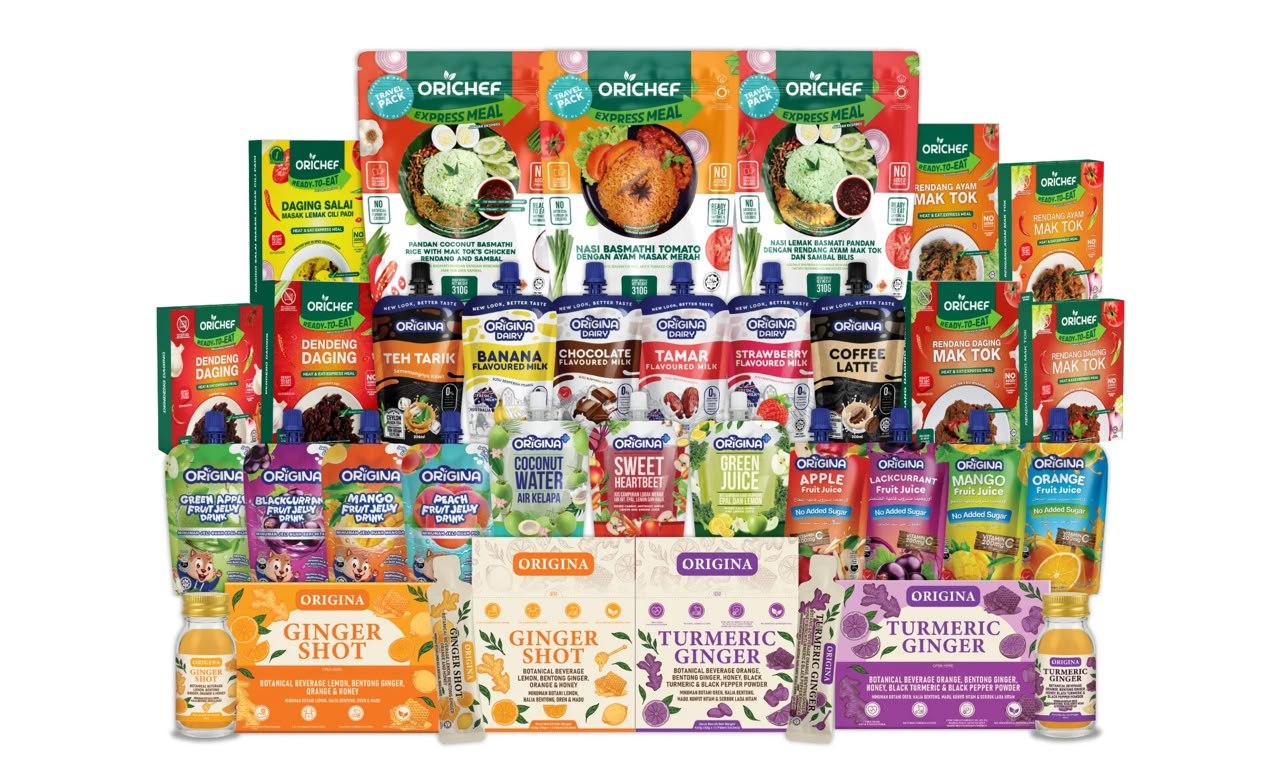 Malaysian ready-to-eat range — ORICHEF express meals, ORIGINA drinks, jelly drinks, juices, ginger & turmeric shots